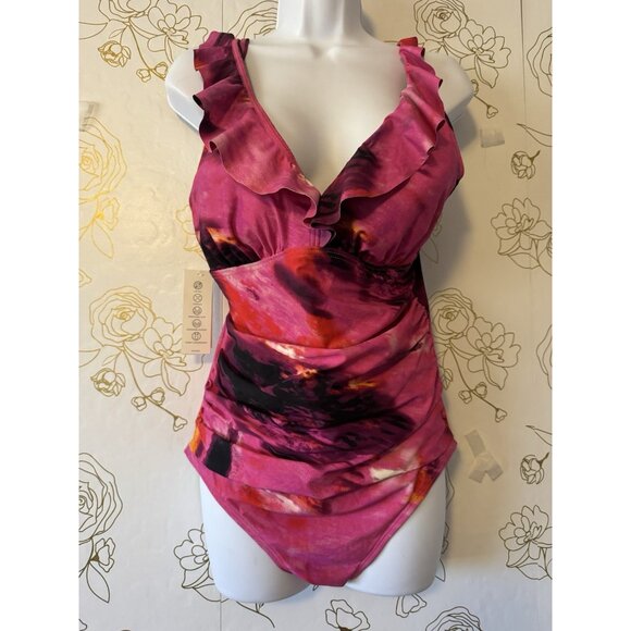 DKNY One-Piece Swimsuit Size Large Ruffle Pink Floral Tummy Control New 057 - Picture 3 of 8